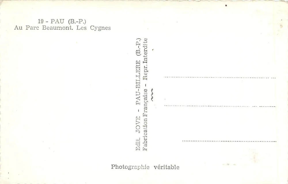 Parc Beaumont — Les Cygnes — Edit. JOVE - PAU-BILLERE - Verso
