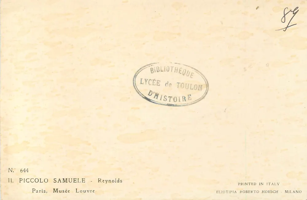 Enfant en prière — œuvre de Reynolds — éditeur Eliotipia Roberto Hoesch, Milano - Verso