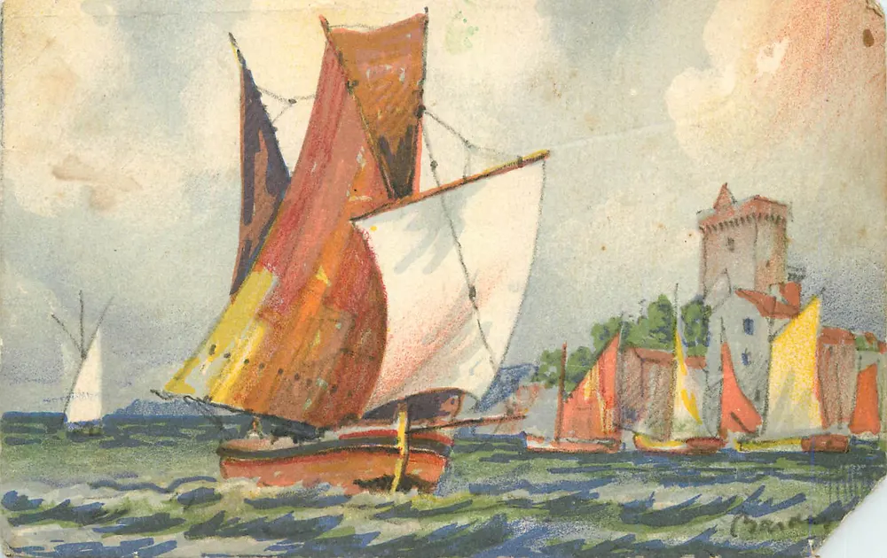 Vista de barcos a vela — Torre da cidade — Gravat - Frente