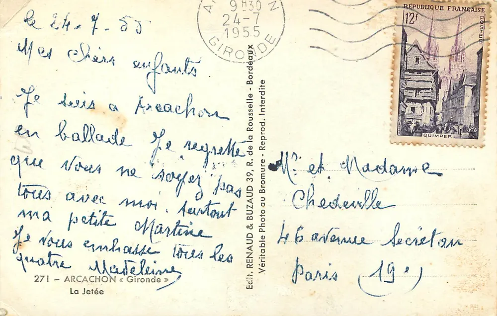 Arcachon — Praia e cais — Editor RENAUD & BUZAUD, La Jetée - Verso