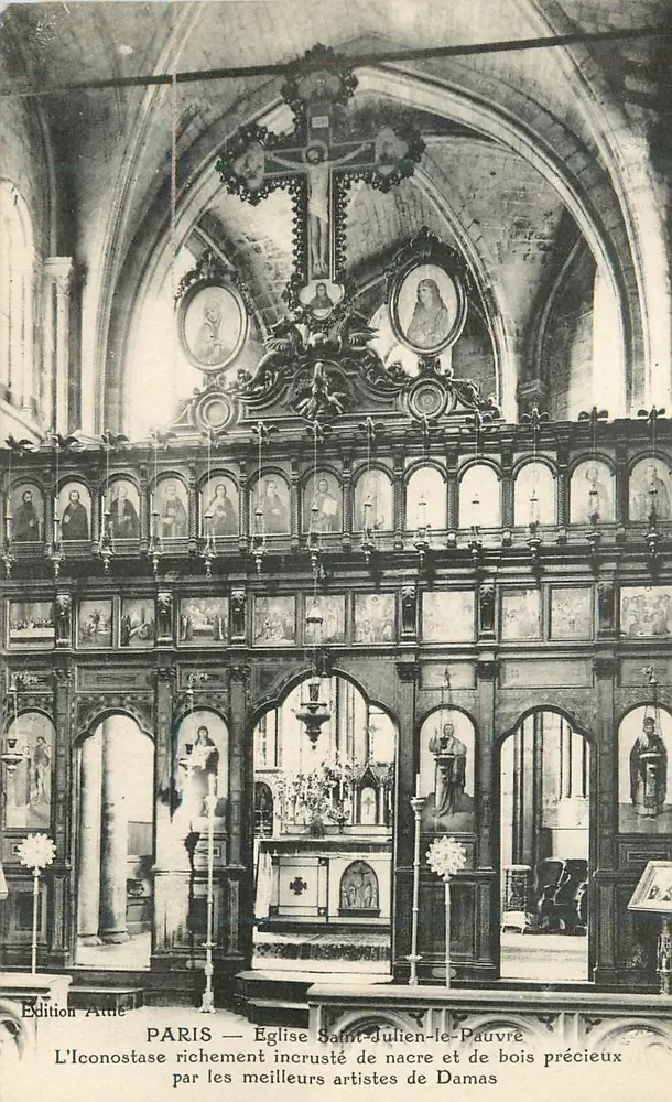 Paris — Église Saint-Julien-le-Pauvre — L'Iconostase richement incrusté de nacre et de bois précieux par les meilleurs artistes de Damas - Recto
