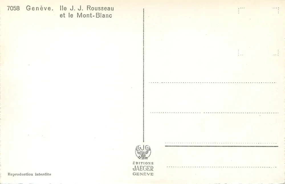Genève — Île J.J. Rousseau et le Mont-Blanc — Éditions Jaeger - Verso