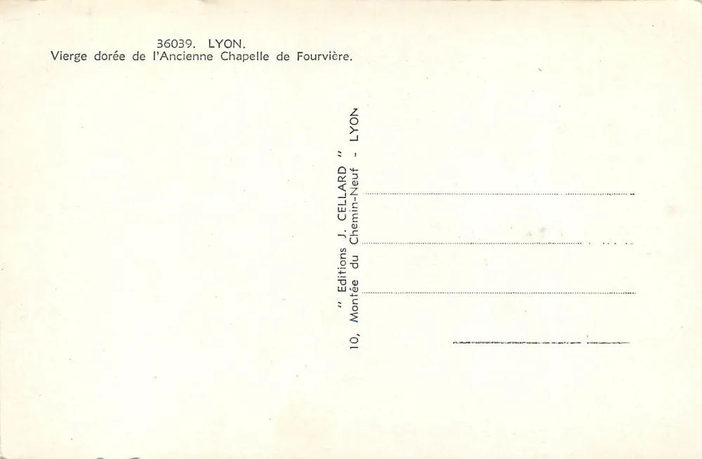 Gouden beeld van de Maagd — Oude Kapel van Fourvière — Edities J. Cellard, Lyon - Achterkant