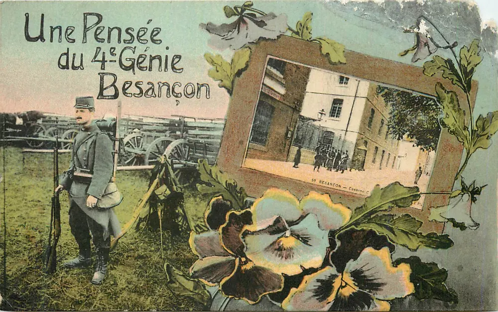 Una Pensée del 4° Genio di Besançon — cartolina illustrata con soldato e vista di Besançon - Recto