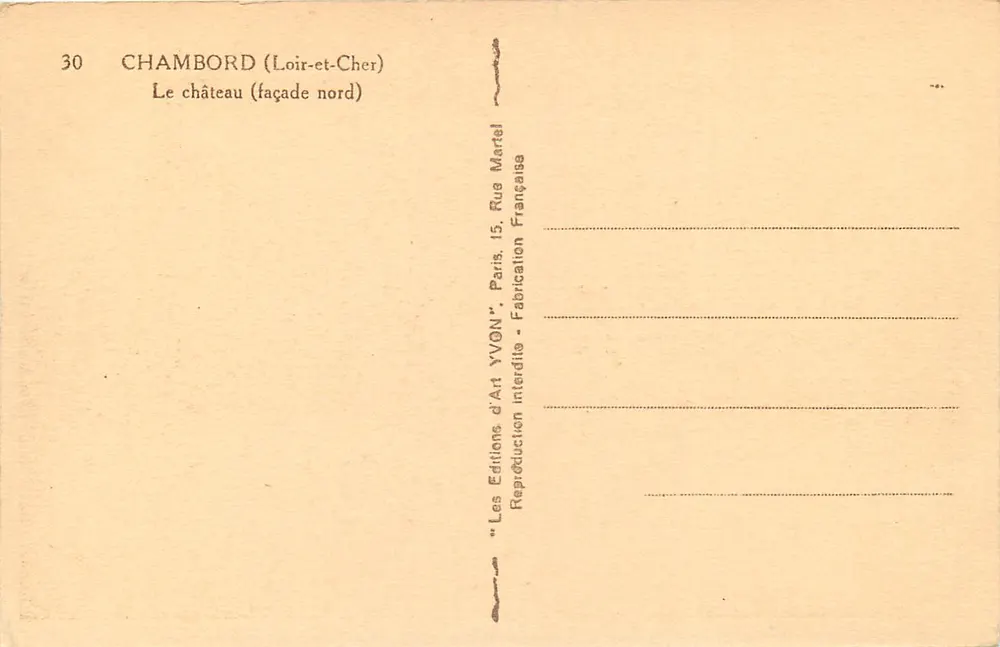 Chambord — façade nord — Éditions d'Art Yvon, Paris - Verso