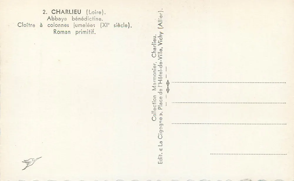 Charlieu (Loire) — Benediktinerabtei, Kreuzgang mit Paarungssäulen (11. Jahrhundert) — Édit. La Cigogne, Vichy - Rückseite