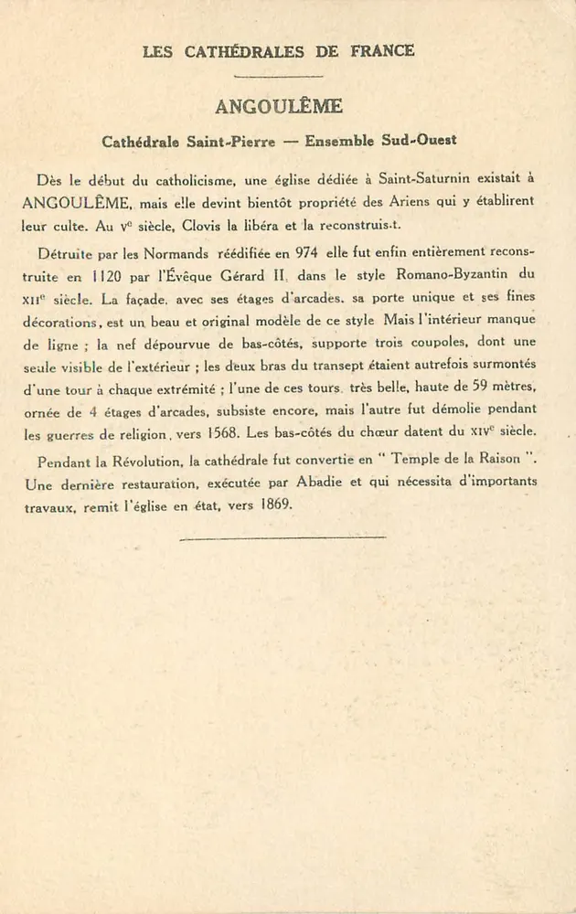 Angoulême — Catedral de São Pedro (Conjunto Sudoeste) — Coleção da Kolarsine e da Solution Pautauberge - Verso