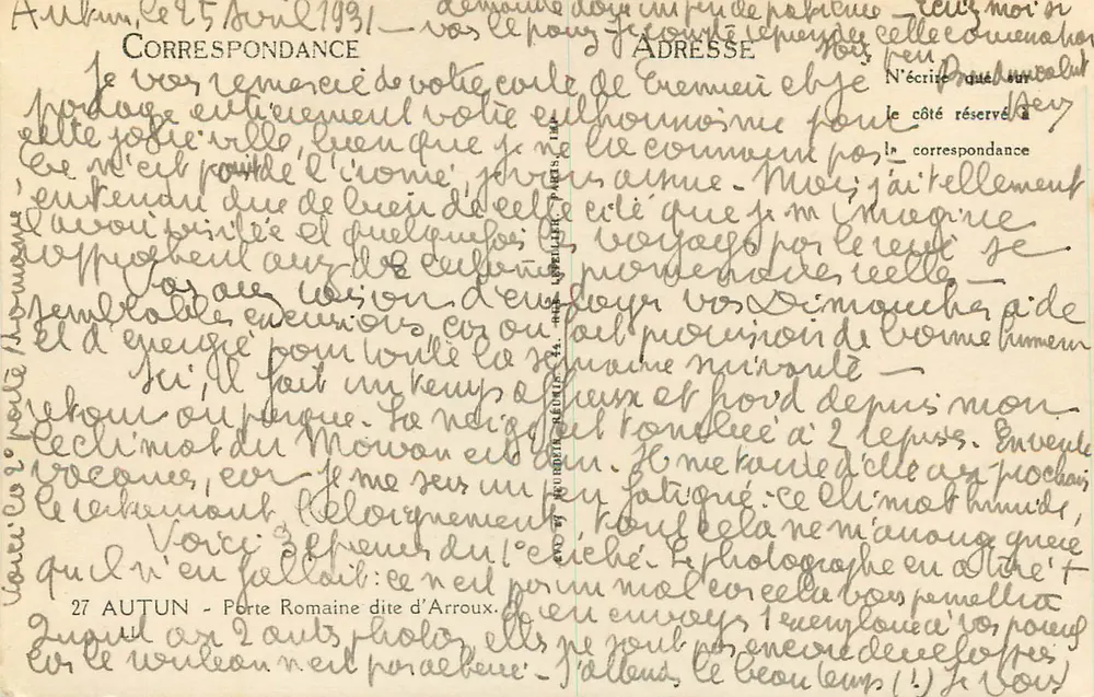Porte Romaine d'Arroux — Autun — Correspondência manuscrita - Verso