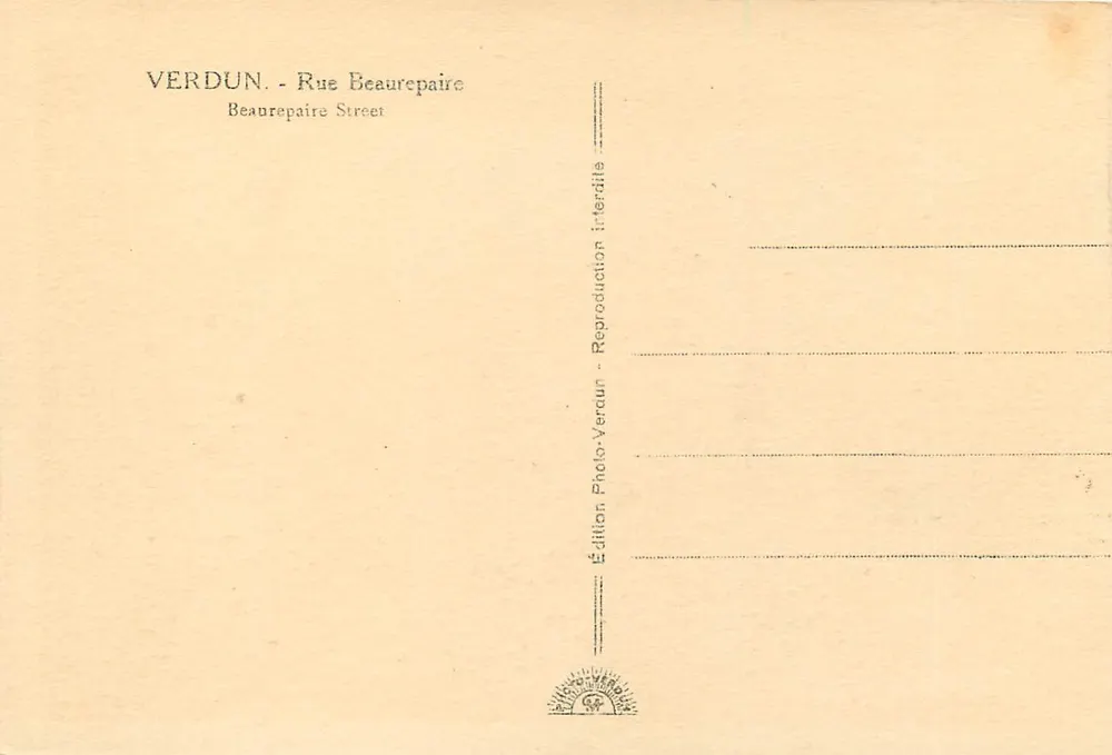 Verdun - Rue Beaurepaire — vista da rua com confeitaria e vestuário — Edição Photo-Verraun - Verso