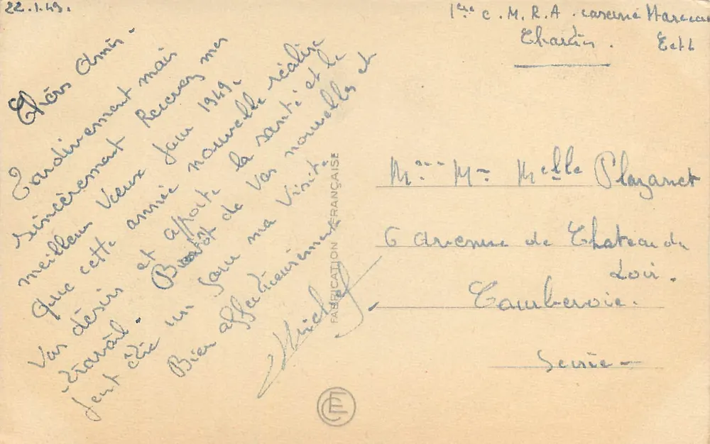 Zamek w ChâteaudeLoir — Szczęśliwe i dobre Nowy Rok — Wydawca C.M.R.A. Marcéan, Stany Zjednoczone - Rewers