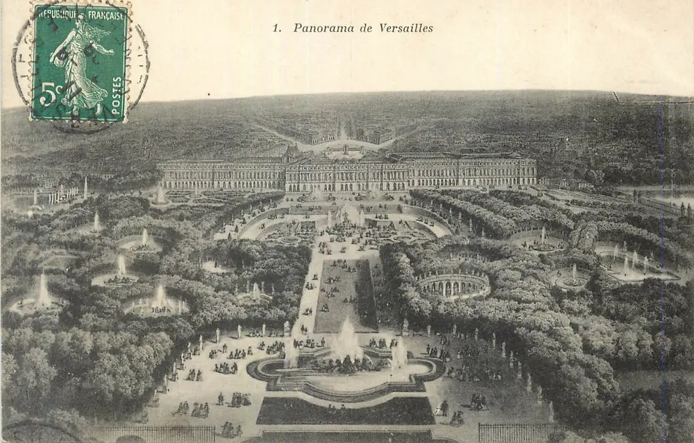 Panorama de Versailles — vista aérea do castelo e dos jardins — Héliotypie Bouddier et Faucheux, Versailles - Frente
