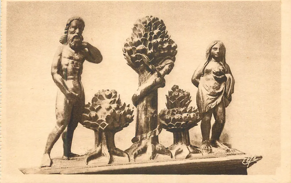 Adão e Eva — Escultura em madeira — Editor: Labouche frères, Toulouse - Frente