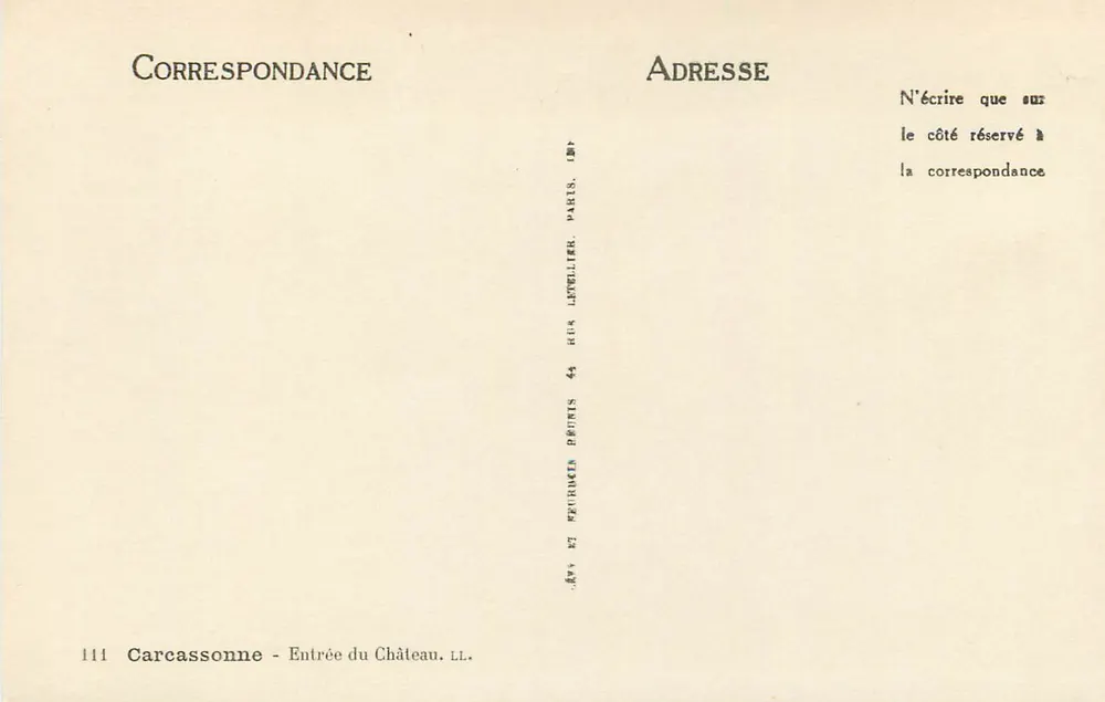 Carcassonne — Entrada do Castelo — Editor H. R. Letellier, n° 111 - Verso