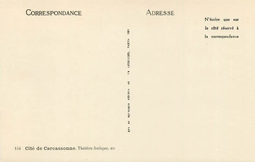 Cité de Carcassonne — Théâtre Antique — Éditeur Letellier, n° 154 - Verso