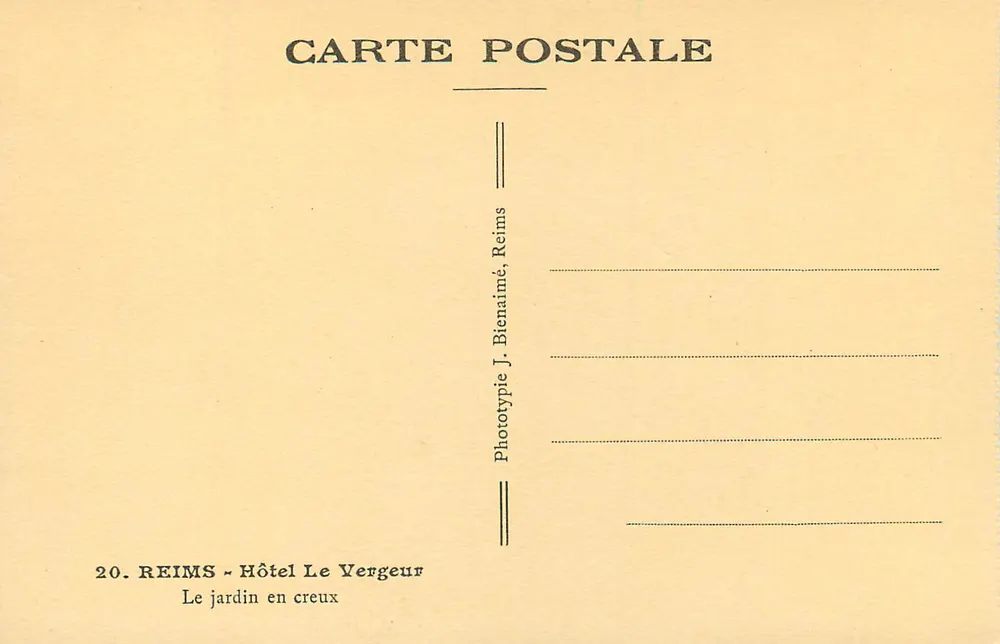 Reims - Hôtel Le Vergeur — Jardin en creux — Phototypie J. Bienaimé, Reims - Verso
