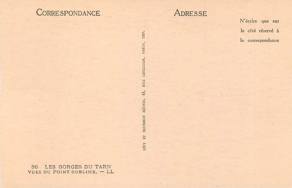 As Gorges do Tarn — Vistas do Point Sublime — Imp. Lévy e Neurdein Réunis, Paris - Verso