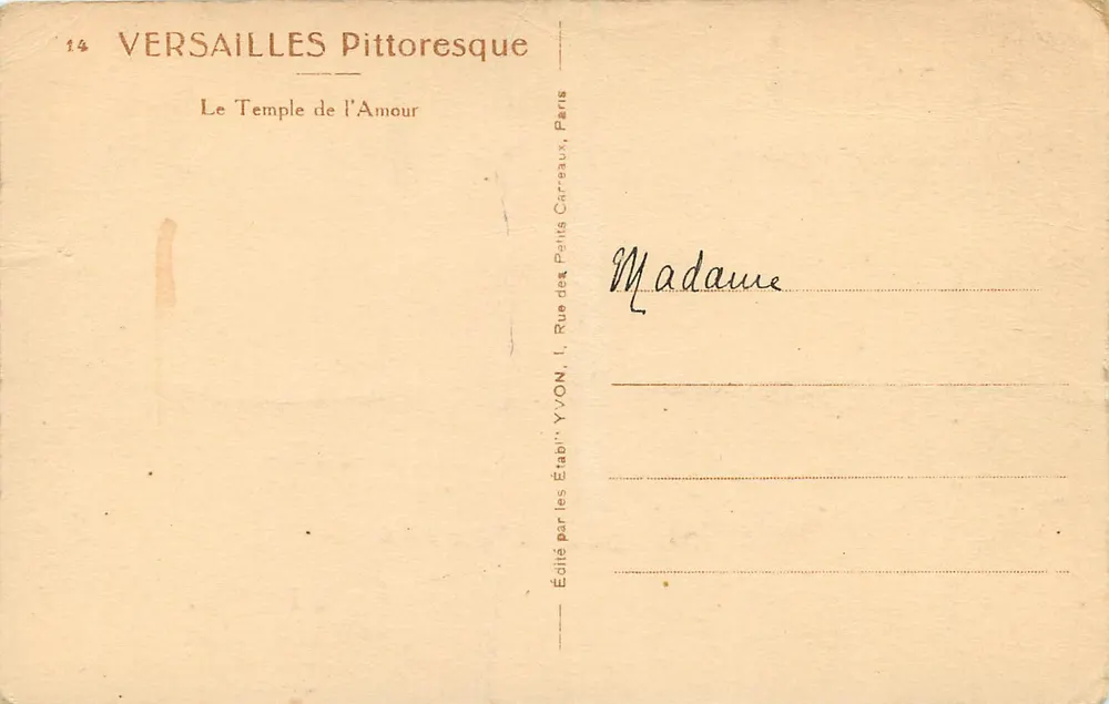 Versailles — The Temple of Love — Published by YVON, 14 Rue des Palais Carreaux, Paris - Back
