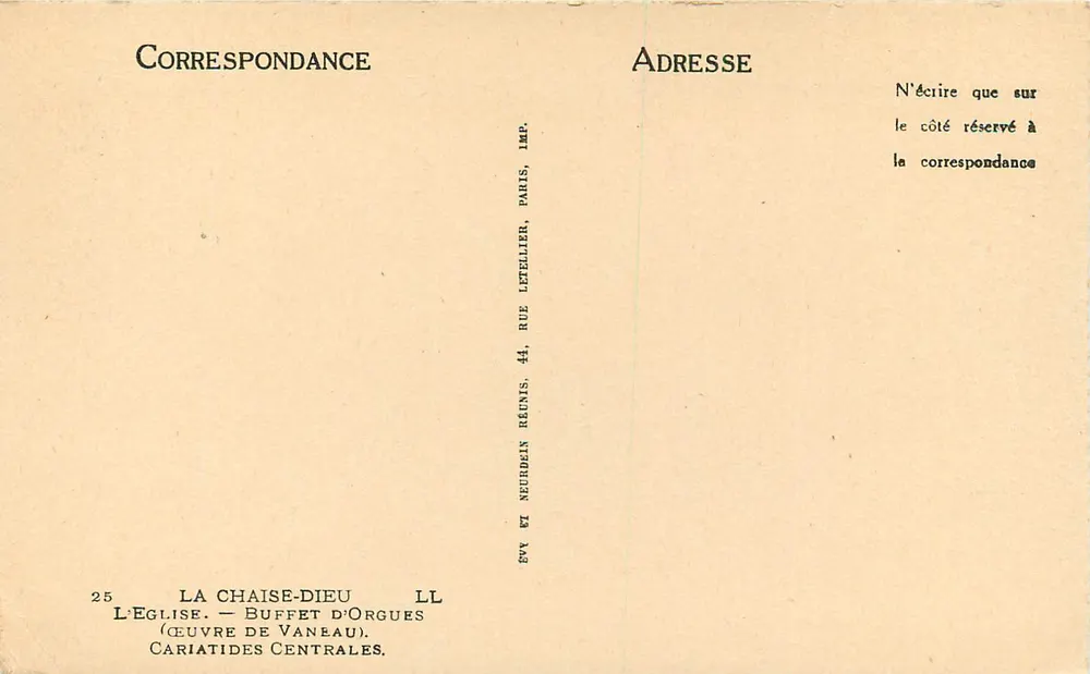 Orgue de l'église — Buffet d'orgues — œuvre de Vaneau — éditeur Letellier, Paris - Verso