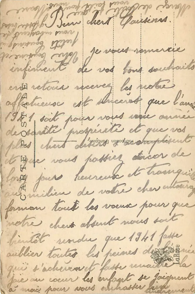 Violetas e paisagem invernal — Boa Ano — Carta postal francesa - Verso