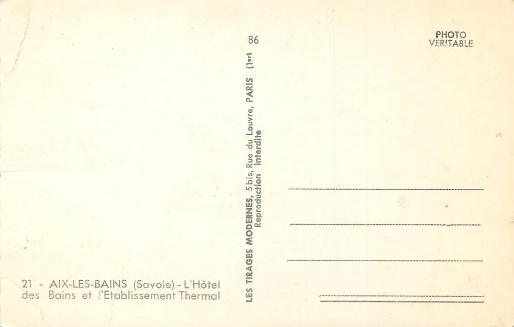 Schwimmbecken — Aix-les-Bains (Savoie) — Verlag Les Tirages Modernes, Paris - Rückseite