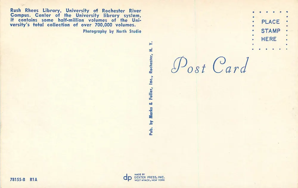 Bibliothek Rush Rhees — Universität Rochester — Verlag Dexter Press, Inc., Nyack, N.Y. - Rückseite
