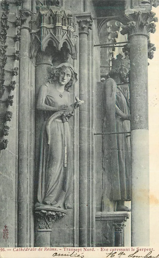 Kathedrale von Reims — Nordtransept — Eva streichelt die Schlange — H. Lombard - Vorderseite