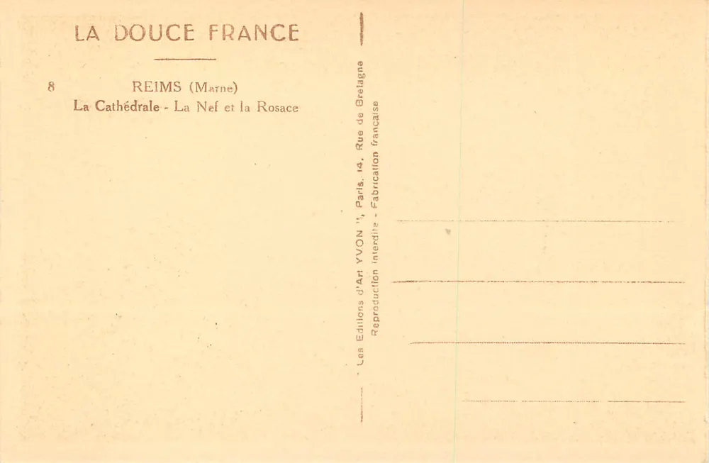 Reims — Die Kathedrale — Die Kirchenschiff und die Rose — Éditions d'Art Yvon, Paris - Rückseite