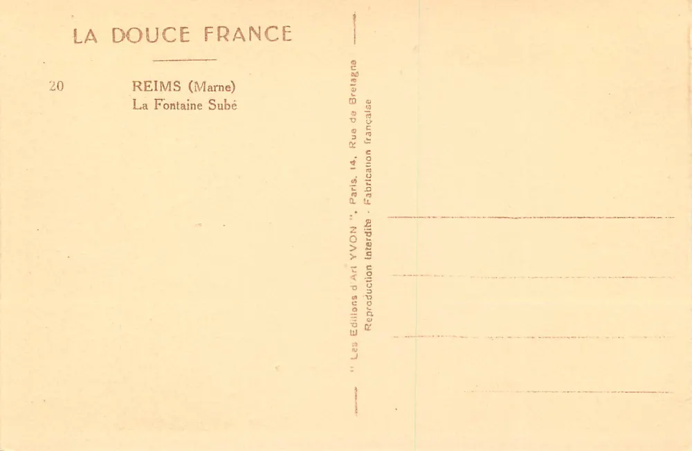 Reims (Marne) — A Fontaine Subé — Edições d'Art YVON - Verso