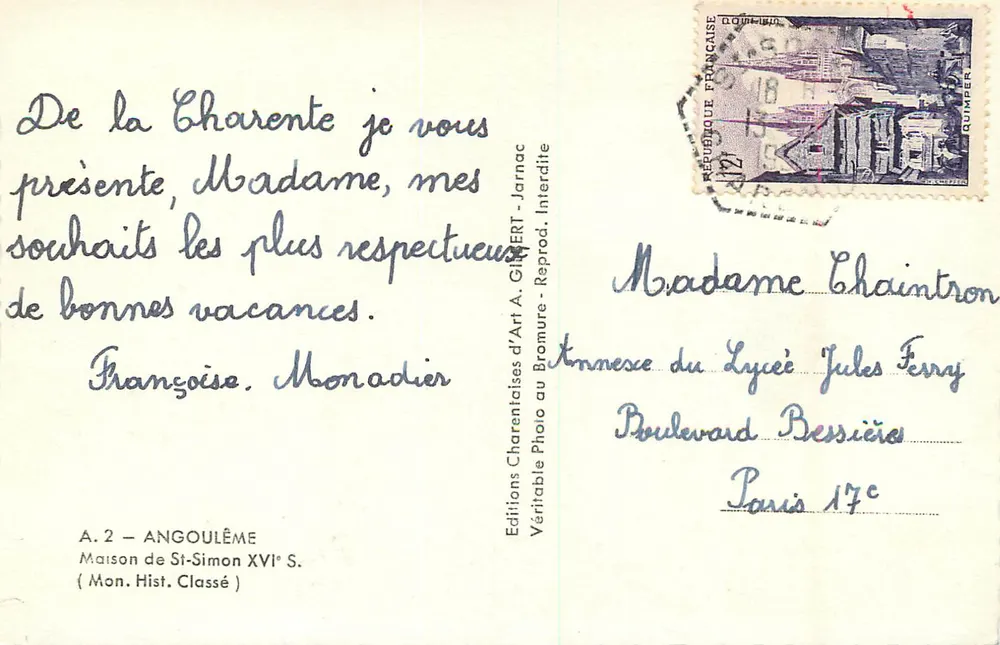 Casa de Saint-Simon XVIe — Angoulême — Éditions Charentaises d'Art A. Gilbert - Verso