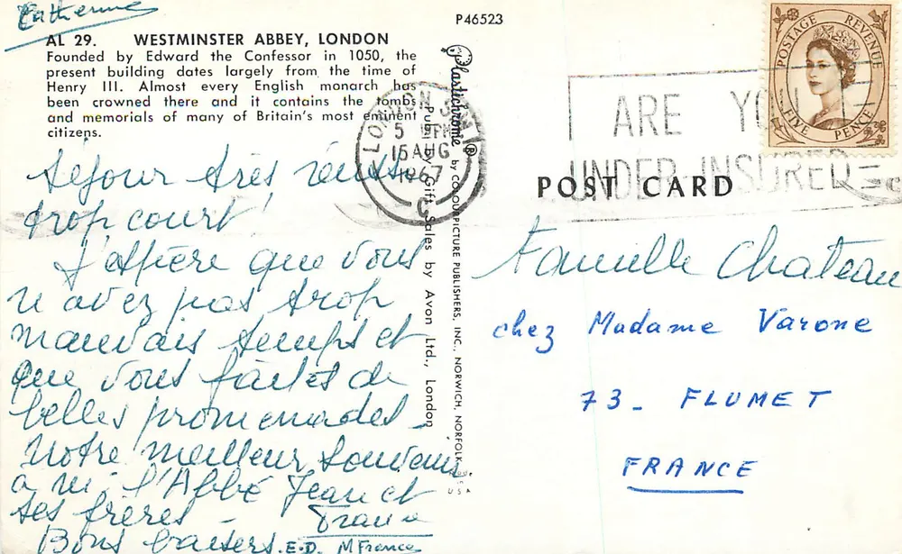 Westminster Abbey, Londres — fundada por Eduardo o Confessador em 1050, editor Avon Ltd. n° P46523 - Verso