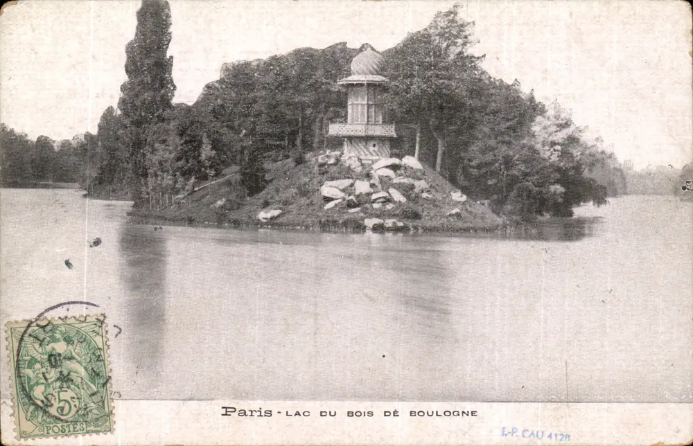 Parigi - Lago del Bois de Boulogne — vista di un kiosco su un'isola — editore L.P. CAU n°4128 - Recto