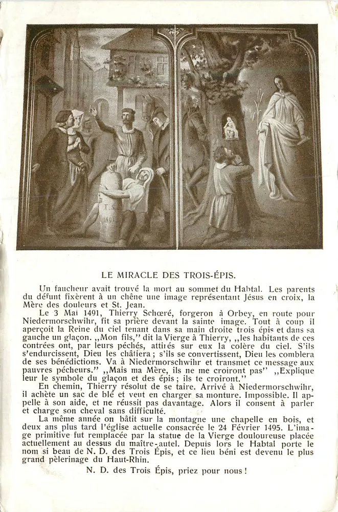 Le miracle des Trois-Épis — scène religieuse au sommet du Habbital, éditeur Imprimerie J. Kuster (Haut-Rhin) - Frente