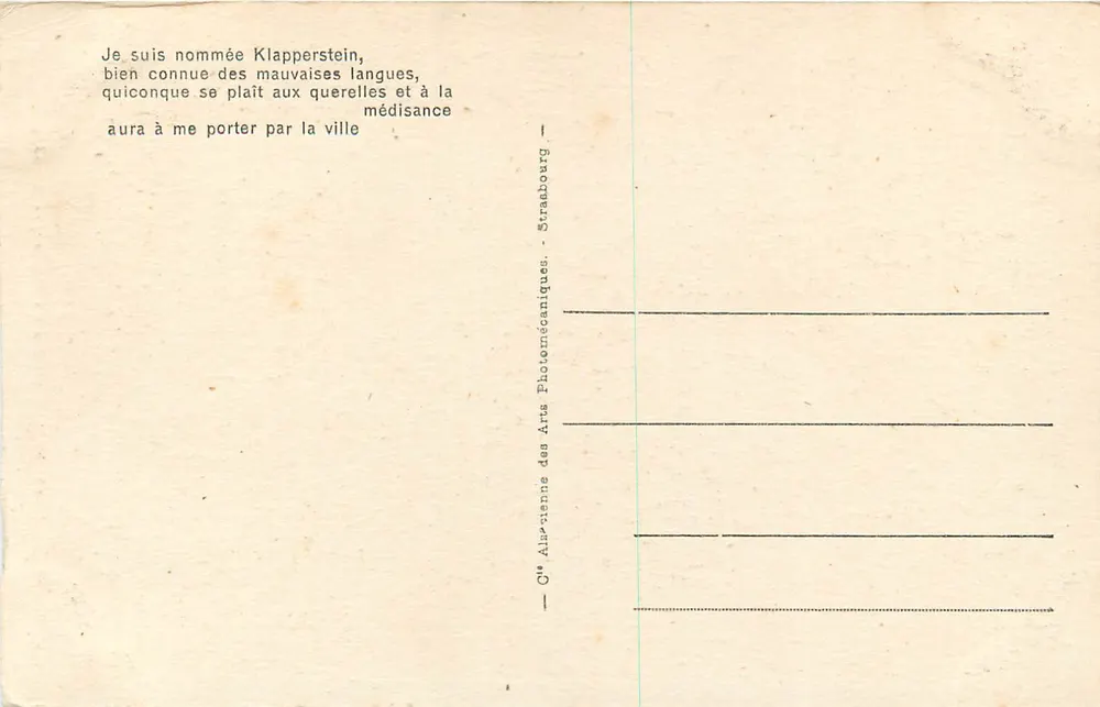 Mulhouse — Kamyk Mówców — Klapperstein — wydawca: Cie Albatienne des Arts Photomécaniques, Strasbourg, nr 63 - Rewers