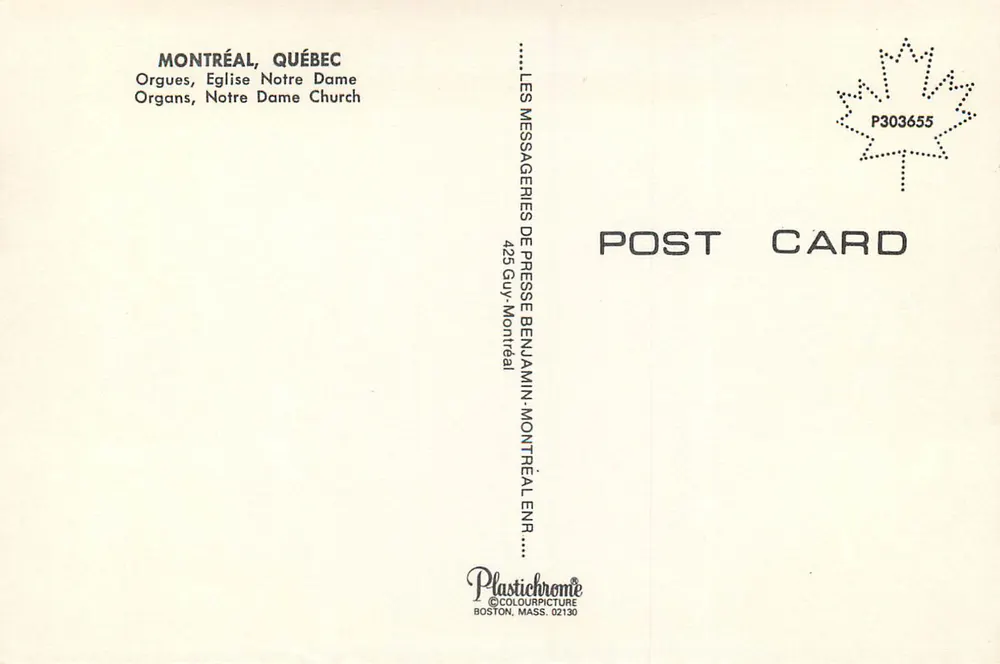 Orgel, Kirche Notre-Dame — Montreal, Quebec — Plastichrome - Rückseite