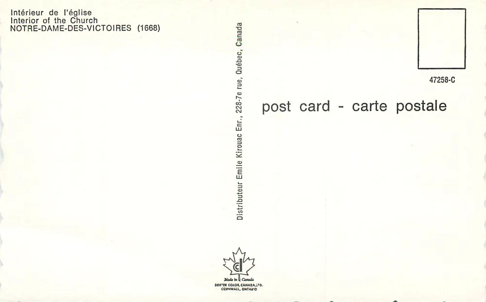 Intérieur de l'église Notre-Dame-des-Victoires — Québec, Canada — éditeur Dexter Color Ltd. - Verso