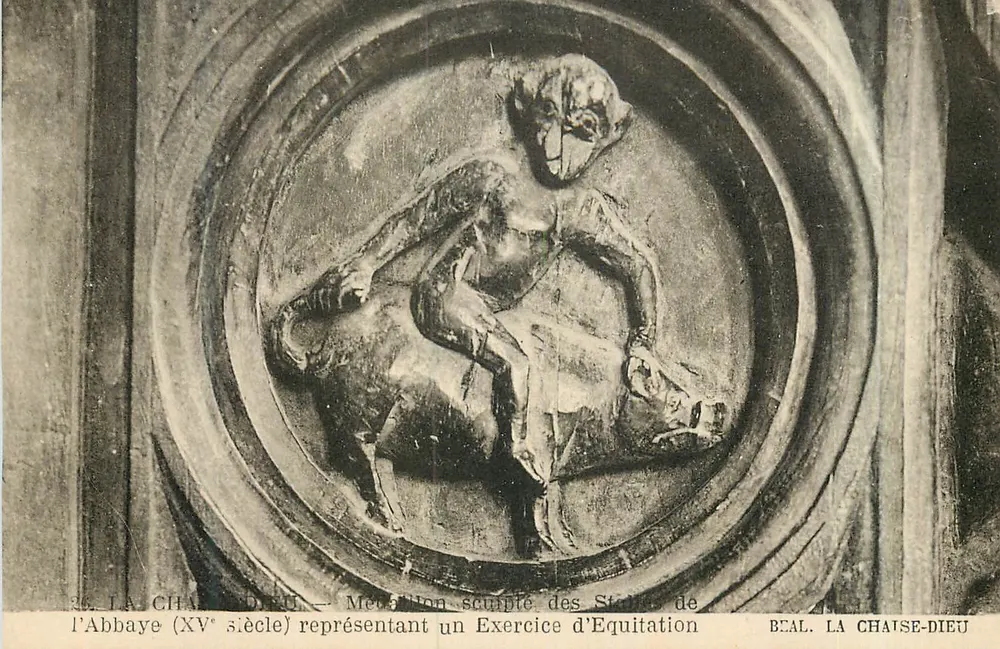 La Chaise-Dieu — Geschnitzte Medaille der Steine der Abtei (15. Jahrhundert) darstellend ein Reitübungsstück — BEAL LA CHAISE-DIEU - Vorderseite