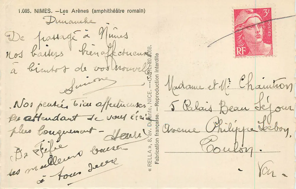 Nîmes — Les Arènes (amphithéâtre romain) — Rella, n° 1.085 - Verso