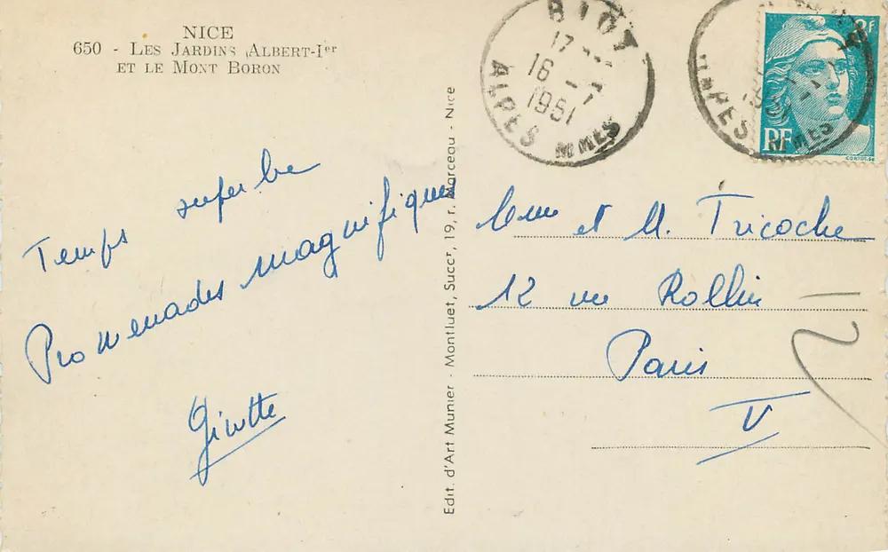Nice - Jardins Albert-Ier e o Monte Boron — Ed. d'Art Succi, Nice - Verso