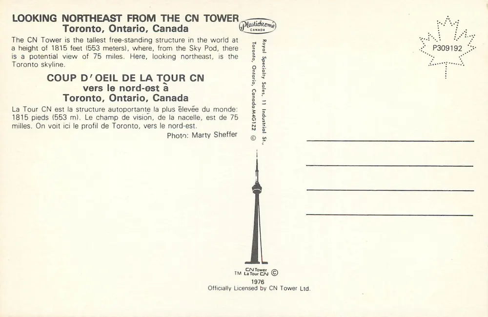 Ansicht des städtischen Landschaftsbildes von Toronto — von der CN Tower — Verlag PlasticHome Canada, Nr. P309192 - Rückseite