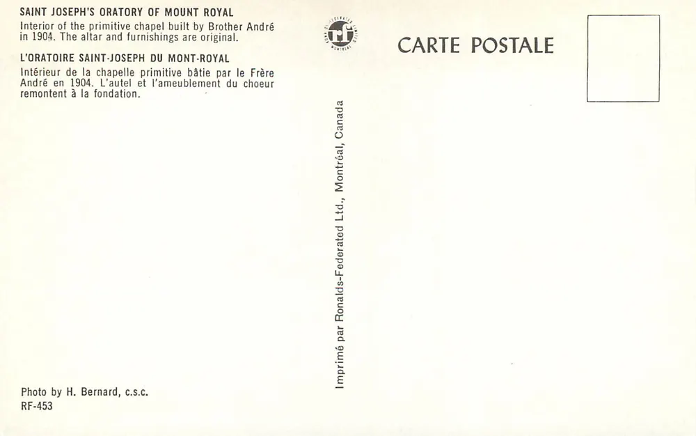 Intérieur de l'oratoire Saint-Joseph du Mont-Royal — chapelle primitive fondée en 1904 — éditeur Ronalds-Federated Ltd., Montréal, Canada - Verso