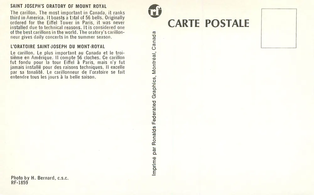 Oratorium Sint-Jozef op de Mont-Royal — carillon — Federated Graphics, RF-1859 - Achterkant