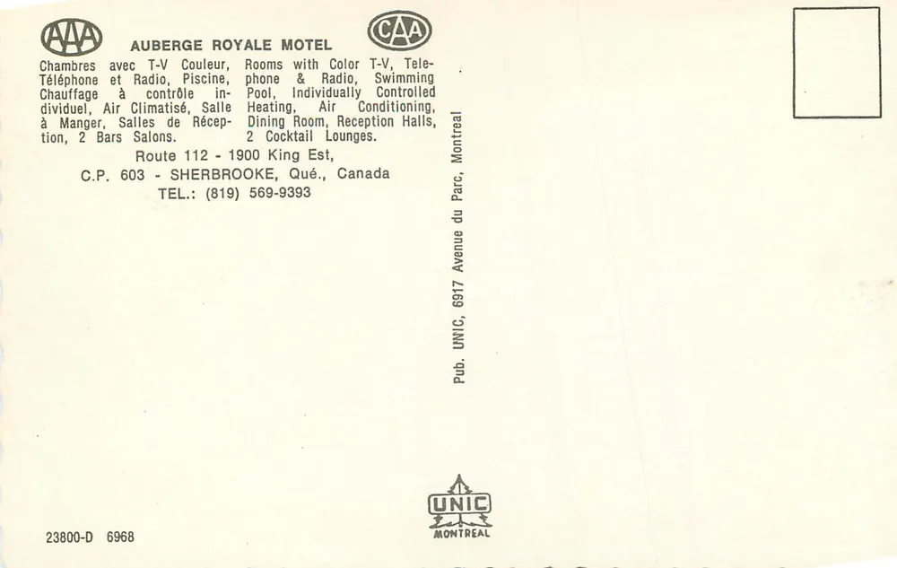 Royal Hotel Motel — Sherbrooke, Québec — Verlag UNIC, Nr. 23800-D 6968 - Rückseite