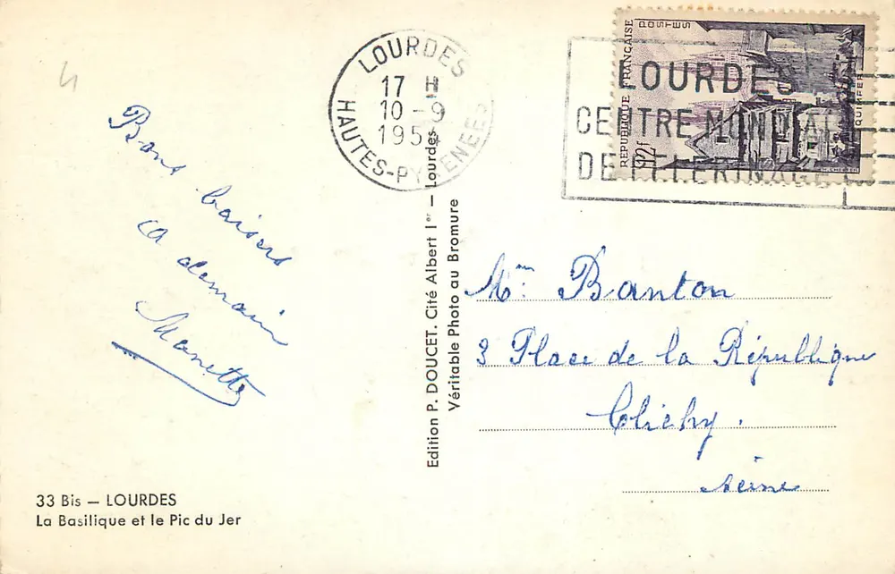 Lourdes — A Basílica e o Pic du Jer — Edição P. Doucet, Cité Albert Ier, Lourdes - Verso