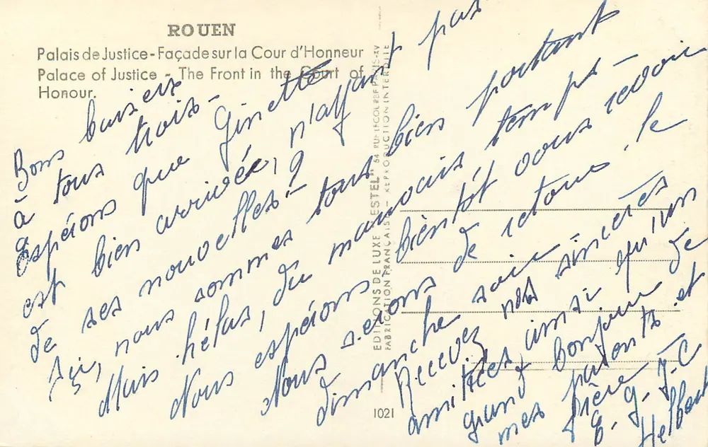 Rouen — Palazzo di Giustizia — Facciata sulla Corte d'onore — Editore Estel, n° 1021 - Verso