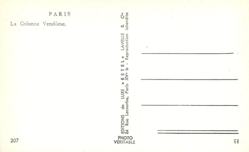 A Coluna Vendôme — Paris — Editora Estel, n° 207 - Verso