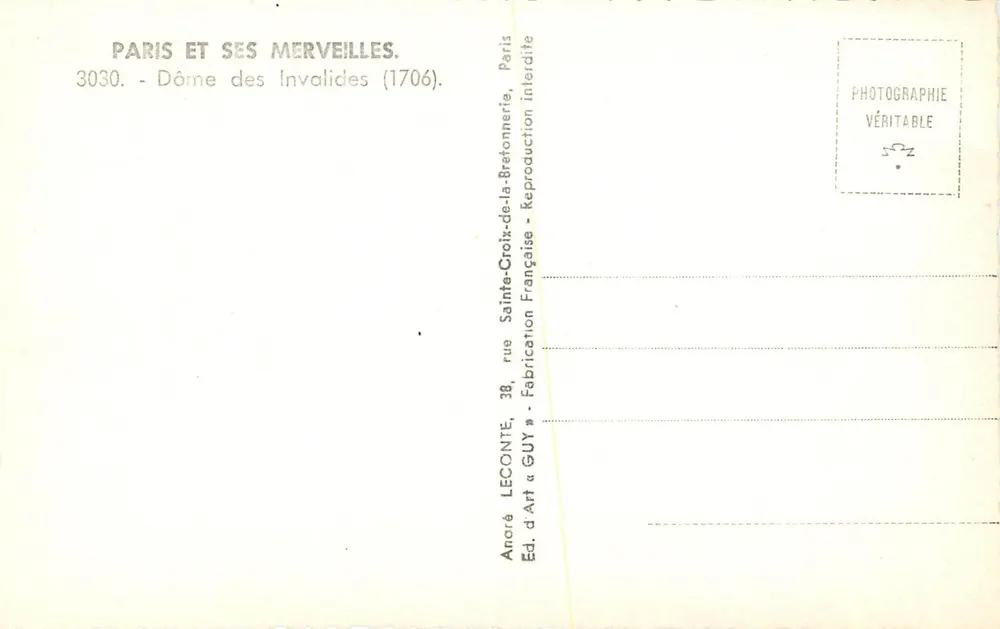 Dôme des Invalides — Paris — Éd. d'Art « GUY » - Verso