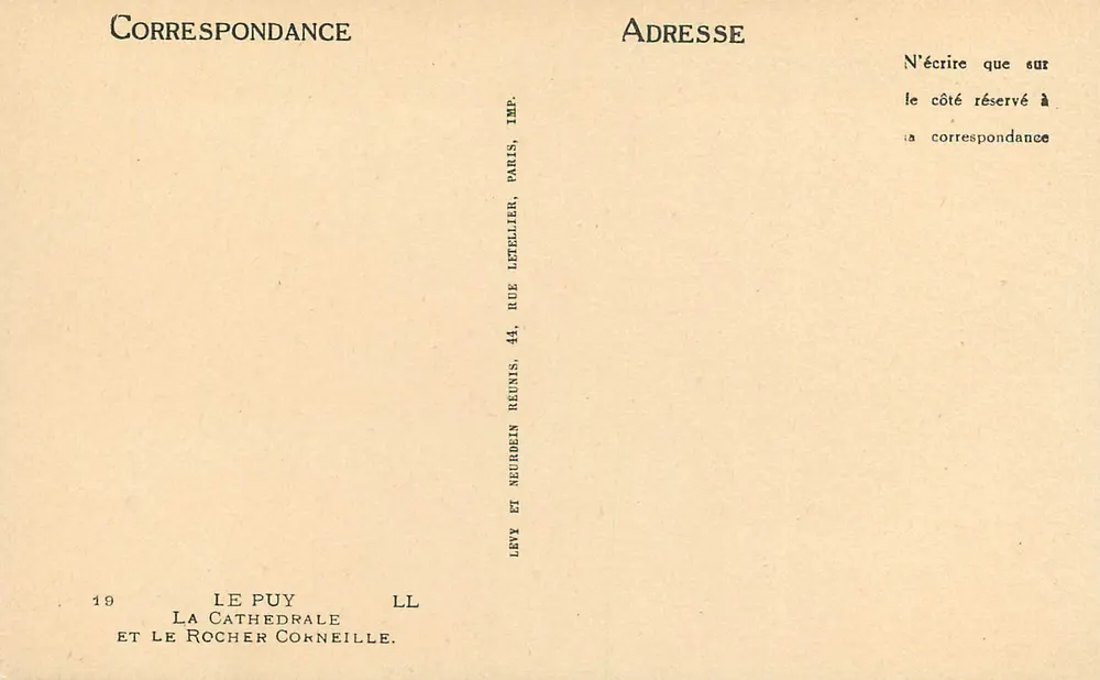 Le Puy — Cathédrale et le Rocher Corneille — Imp. Letellier, Paris - Verso