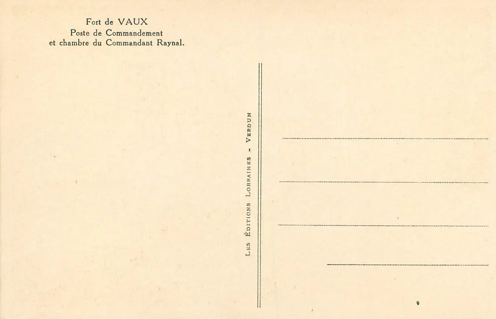 Fort de VAUX — Posto de Comando e quarto do Comandante Raynal — Éditions Lorraines - Verdun - Verso