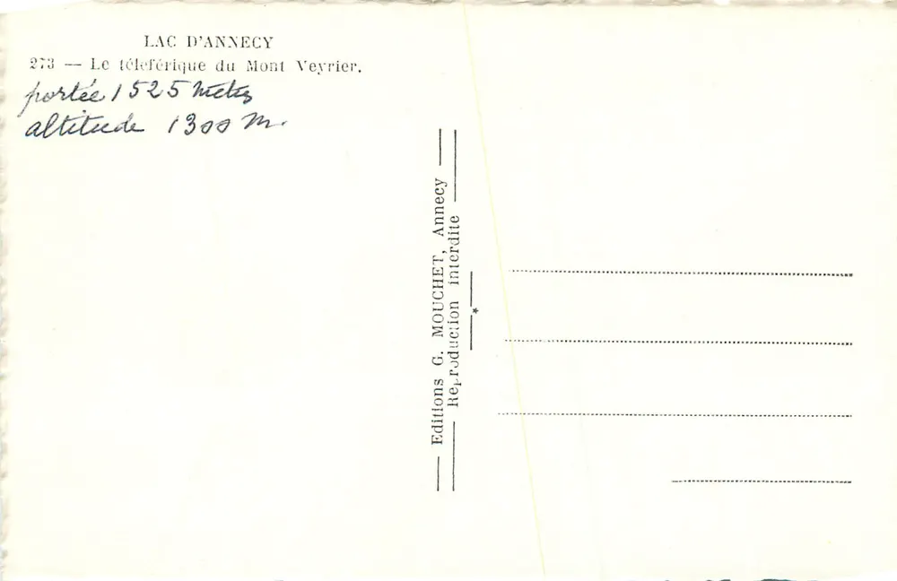 Lac d'Annecy — Le téléphérique du Mont Veyrier — Éditions G. Mouchet, Annecy - Verso