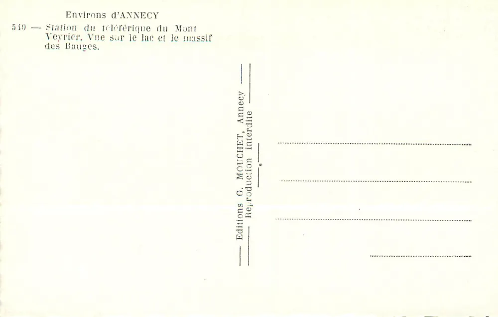 Environ d'Annecy — Station du téléphérique du Mont Veyrier, vue sur le lac et le massif des Bauges — Éditions G. Mouchet, Annecy - Verso